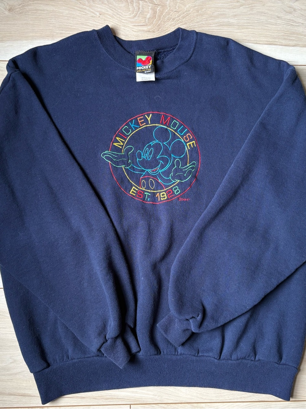 Vintage Mickey Mouse Crewneck Sweatshirt Navy Embroidered Logo 90s Disney XL